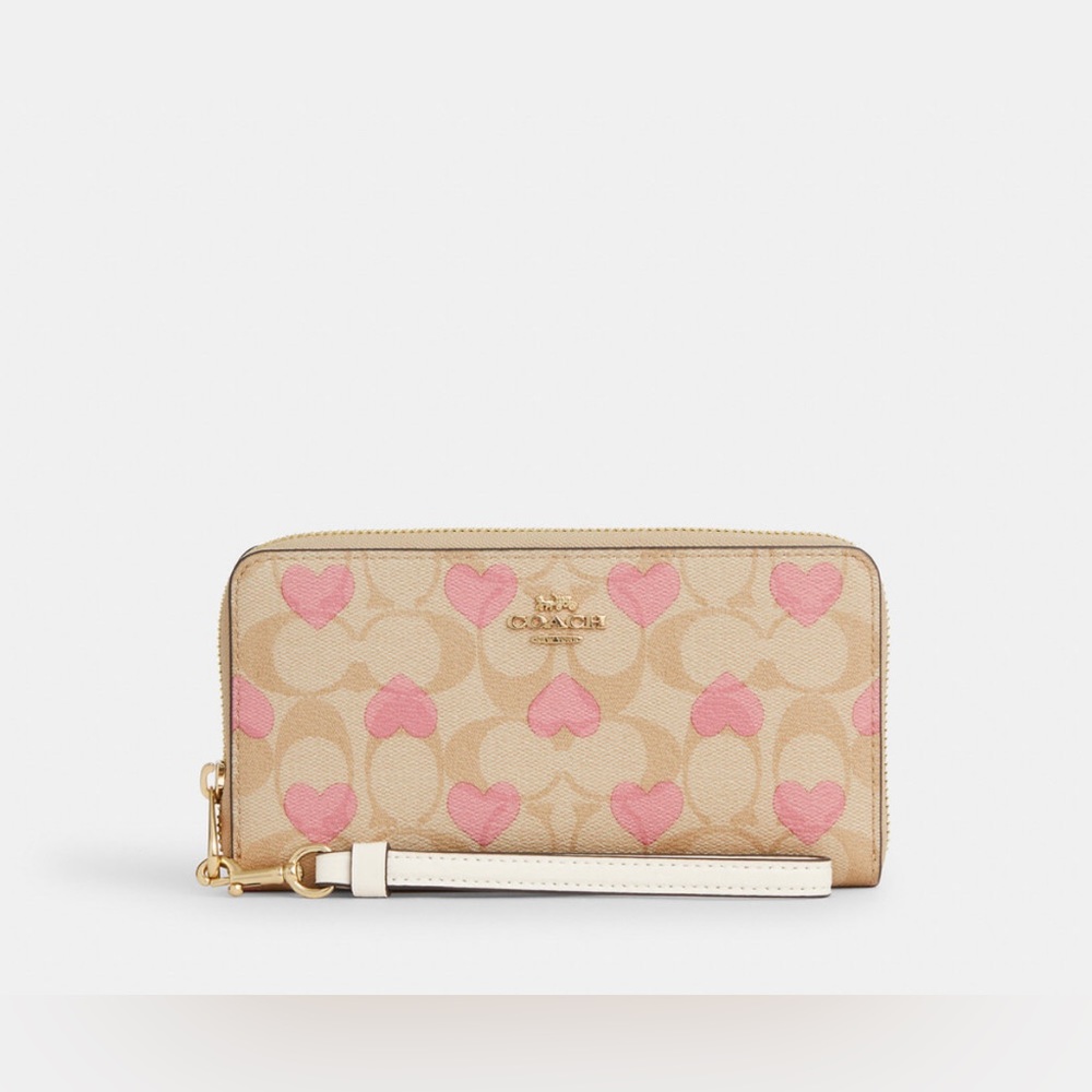 NWT Coach Outlet Long Zip Around Wallet In Signature Canvas With Heart Print